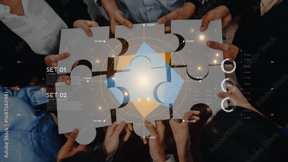 Wall mural engaged team collaborates on assembling a puzzle, symbolizing strategy development and innovative pr