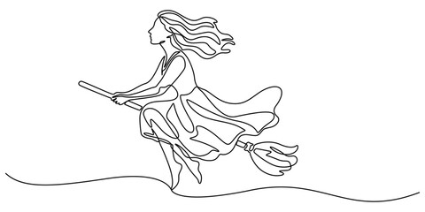 One continuous drawn single line of a witch halloween, girl on a broomstick continuous one line drawing, Witch on broomstick vector hand drawn silhouette clipart. Sketch isolated on white background.