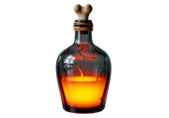 A glowing, amber-hued potion is contained within a glass bottle, highlighted against a stark black background.