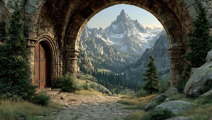 Stone archway reveals majestic mountain valley vista