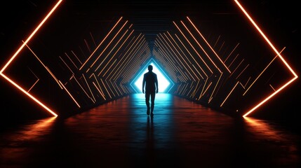 Silhouette of a person walking towards the light at the end of a futuristic illuminated tunnel.