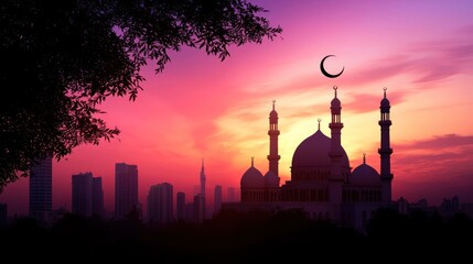 Silhouette of a mosque at sunset, with a crescent moon, in a vibrant twilight sky, over a cityscape.