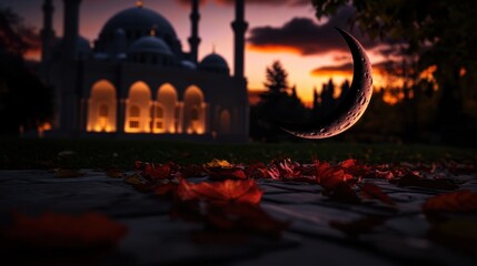 Crescent moon descends over a majestic mosque at twilight, autumn leaves scattered in the foreground.