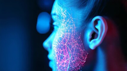 Woman showing face recognition technology scanning process - Powered by Adobe