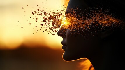 Silhouette of a woman's profile with particles emanating from her face, illuminated by sunlight.