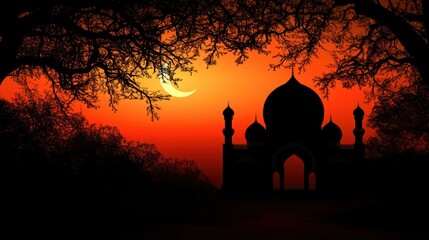 Silhouette of a mosque against a vibrant orange sunset sky with a crescent moon, framed by dark tree branches.