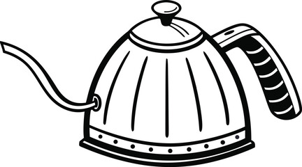 Black and white illustration of a gooseneck kettle with a long spout and a handle on a white background