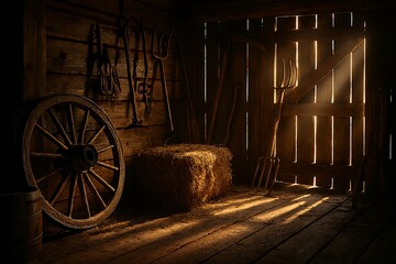 Obraz premium Rustic barn interior bathed in dramatic sunlight, featuring vintage farming tools and a hay bale.