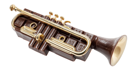 A Symphony of Sweetness A Chocolate Bar Trumpet with Golden Accents on a Neutral Backdrop