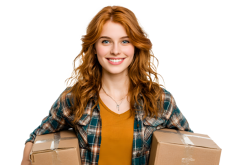Cheerful redhead with cardboard boxes Young woman wih red hair carrying parcel for moving or shipping