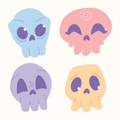 Set of cute Halloween skulls, colorful cartoon skeleton heads, flat design