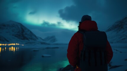 A person gazes at a vibrant aurora borealis over a frozen arctic landscape.