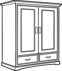 Black and white illustration of a two-door wardrobe with two drawers featuring a simple outline style on a white background
