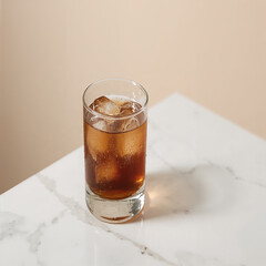Refreshing cola drink with ice cubes in a glass on a marble table