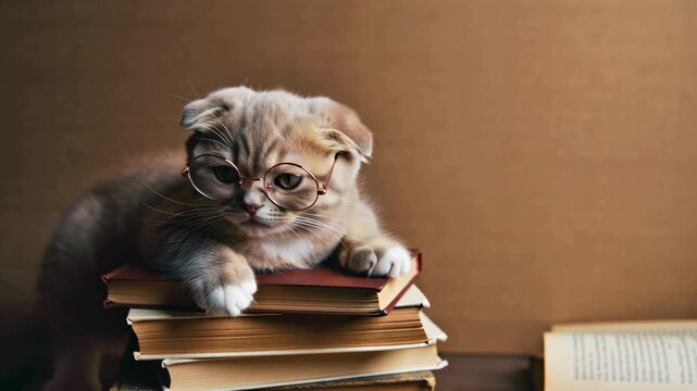 Portrait of fluffy cat in round glasses lying on stack of books. Domestic scientist kitty. Student pets, whisker in school. Smart animal. Education, science, knowledge concept
