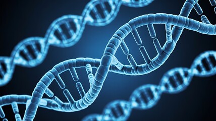 Three dimensional rendering of multiple dna strands against a blue gradient backdrop