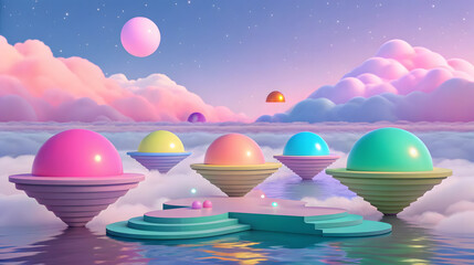 Pastel spheres on tiered platforms in dreamy sky floating platforms