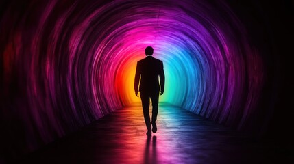 A person walks through a vibrant, colorful tunnel of light, symbolizing a journey or transition.