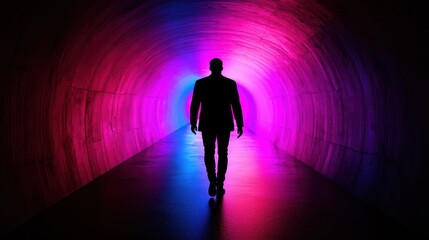 Silhouette of a man walking through a vibrant, neon-lit tunnel.