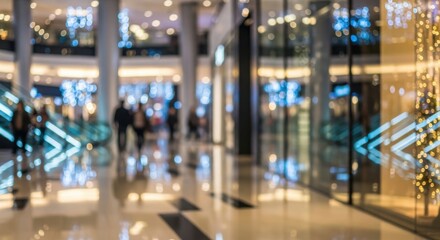 Obraz premium Brightly Lit Interior of a Modern Shopping Mall with People and Reflections