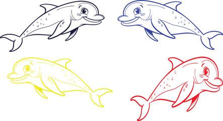 Four Cartoon Dolphins in Black Blue Yellow and Red Outlines on White Background Smiling with Happy Expressions