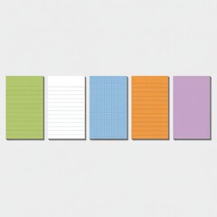 Colorful stack of notepads arranged artfully on a light background, showcasing creativity and organization in a workspace setting