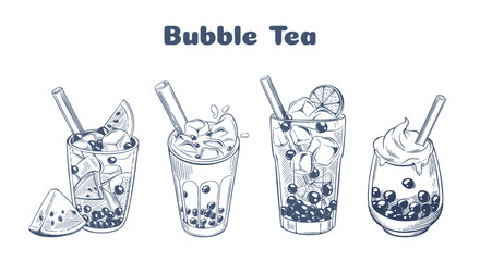 Hand drawn vector illustration of bubble tea with tapioca pearls in sketch style. Perfect for cafe menu, packaging and beverage design
