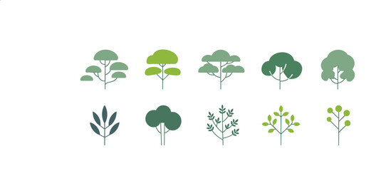 Assortment of stylized green tree and leaf icons with minimalist design Keywords: tree, icon, green, leaf, plant, nature