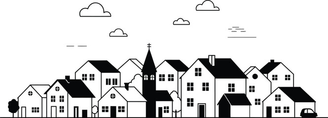 a quaint village scene with houses clouds and trees