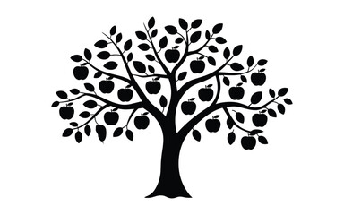 Black silhouette of an apple tree laden with apples on white background fruit © SUMAIA