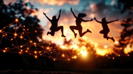 Silhouetted figures jumping with arms raised against a sunset sky, with a glowing network of connected dots in the foreground.