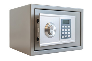 Gray Metal Safe with Digital Keypad and Rotary Dial Open on White Background security lock isolated on a transparent background