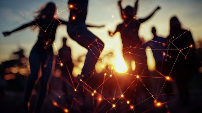 Silhouetted figures jump and celebrate against a sunset backdrop, overlaid with a geometric network pattern, suggesting connection and technology.