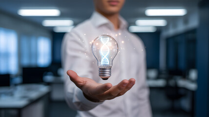 Brilliant DNA helix lightbulb concept symbolizes scientific innovation and breakthrough ideas