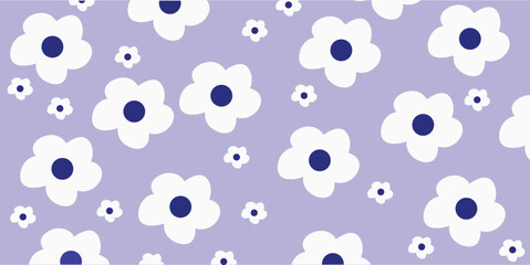 White daisy flowers with navy blue centers scattered on a light purple background floral pattern