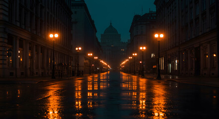 Rainy Night City Street Scene with Warm Lighting