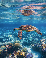 Obraz premium A green sea turtle glides over a vibrant coral reef in crystal blue water, sunlight rippling across its patterned carapace as surface reflections shimmer above the scene.