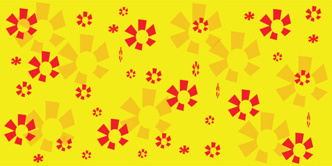 Yellow background with repeating stylized flower shapes in red and light orange geometric design