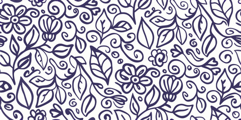 Seamless pattern of hand drawn floral elements and leaves in dark blue on white