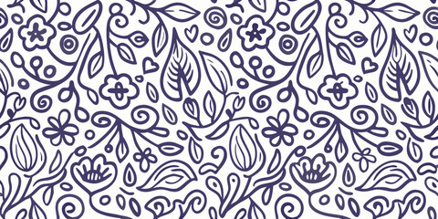 Seamless hand drawn floral pattern with leaves and swirls