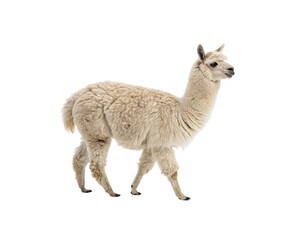 Side profile of a beautiful fluffy llama walking peacefully, isolated on a white background