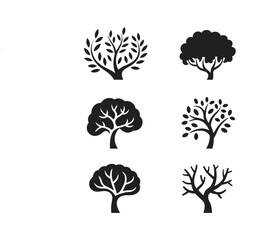 Collection of Stylized Black Tree Silhouettes with Different Foliage Keywords: tree, silhouette, black, foliage, branches, leaves
