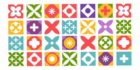 Colorful geometric pattern tiles with floral and cross motifs