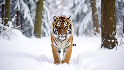 Obraz premium Majestic Tiger Walking Through Snow Covered Winter Forest.