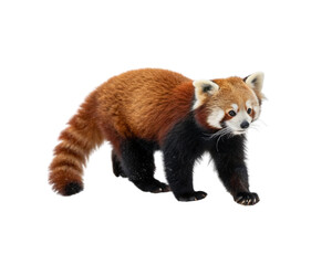 Obraz premium Charming red panda with its characteristic striped tail captured in a full-length side view