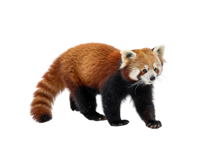 Charming red panda with its characteristic striped tail captured in a full-length side view