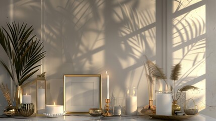 Decorative Minimalist Indoor Scene with Candles and Tall Plants in Warm Lighting