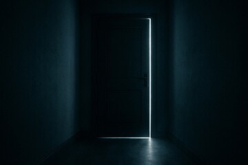 A dark hallway with a closed door slightly ajar, glowing light beams through the edges, creating a mysterious and suspenseful atmosphere