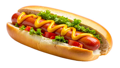 Delicious hot dog with mustard, lettuce, and tomatoes on transparent background