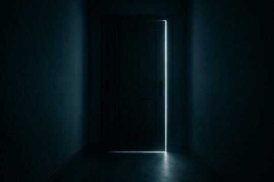 A dark hallway with a closed door slightly ajar, glowing light beams through the edges, creating a mysterious and suspenseful atmosphere